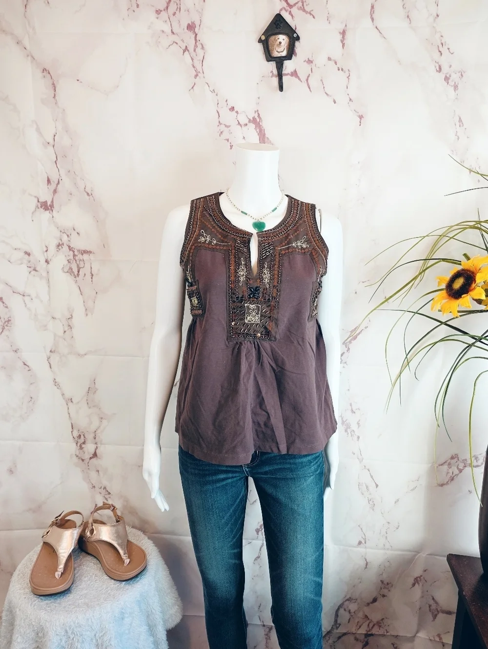 Boston Proper Embroidered Boho Tank XS Brown Beaded Sleeveless Top